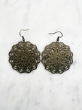 Large Antique Bronze Vintage Filigree Mandala Earrings
Add a touch of whimsy with our Vintage Filigree Earrings. These lightweight beauties feature intricate filigree designs for a boho vibe. Perfect for a playful and carefree look.
Lightweight brass metal stampings with an antique bronze patina.
55mm from the top of the ear hook x 44mm