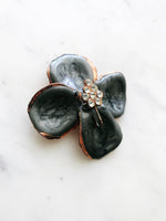 Vintage Handmade Dark Grey Enamel & Crystal Flower Brooch