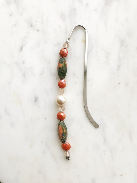 Handmade Bookmark using Vintage Beads and Semi Precious Stones Crystals.  These bookmarks are hand made using vintage beads from broken or mismatched necklaces and earrings.  Each bookmark is unique and carefully crafted to have a vintage feel and look. Made using Unakite crystal, vintage bohemian glass beads, vintage ceramic beads and vintage glass pearl. 17cm long