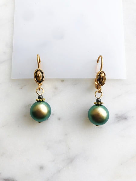 Vintage Green Pearl Drop Earrings