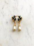 Vintage Gold Plated Navy Enamel & Pearl Clip-On Earrings