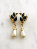 Vintage Gold Plated Navy Enamel & Pearl Clip-On Earrings