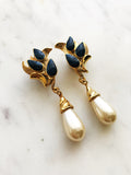Vintage Gold Plated Navy Enamel & Pearl Clip-On Earrings
