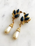 Vintage Gold Plated Navy Enamel & Pearl Clip-On Earrings