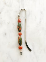 Handmade Bookmark using Vintage Beads and Semi Precious Stones Crystals  These bookmarks are handmade using vintage beads from broken or mismatched necklaces and earrings. Each bookmark is unique and carefully crafted to have a vintage feel and look. Made using Unakite crystal, vintage bohemian glass beads and vintage ceramic beads.