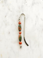 Handmade Bookmark using Vintage Beads and Semi Precious Stones Crystals  These bookmarks are handmade using vintage beads from broken or mismatched necklaces and earrings. Each bookmark is unique and carefully crafted to have a vintage feel and look. Made using Unakite crystal, vintage bohemian glass beads and vintage ceramic beads.