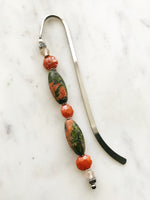 Handmade Bookmark using Vintage Beads and Semi Precious Stones Crystals  These bookmarks are handmade using vintage beads from broken or mismatched necklaces and earrings. Each bookmark is unique and carefully crafted to have a vintage feel and look. Made using Unakite crystal, vintage bohemian glass beads and vintage ceramic beads.