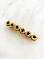 Add a touch of vintage charm to your hairstyle with our Vintage Gold and Enamel Barrette! This elegant barrette features a stunning gold design with intricate enamel detailing. Perfect for adding a unique, playful touch to any look.  58mm x 10mm