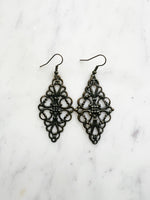 Antique Bronze Vintage Filigree Earrings. Add a touch of whimsy with our Vintage Filigree Earrings. These lightweight beauties feature intricate filigree designs for a boho vibe. Perfect for a playful and carefree look.
Lightweight brass metal stampings with an antique bronze patina.
72mm from the top of the ear hook x 30mm