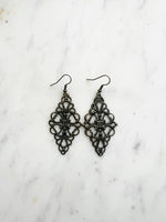 Antique Bronze Vintage Filigree Earrings. Add a touch of whimsy with our Vintage Filigree Earrings. These lightweight beauties feature intricate filigree designs for a boho vibe. Perfect for a playful and carefree look.
Lightweight brass metal stampings with an antique bronze patina.
72mm from the top of the ear hook x 30mm