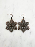 Antique Bronze Vintage Filigree Flower Earrings
Add a touch of whimsy with our Vintage Filigree Earrings. These lightweight beauties feature intricate filigree designs for a boho vibe. Perfect for a playful and carefree look.
Lightweight brass metal stampings with an antique rose gold patina.
60mm from the top of the ear hook x 43mm