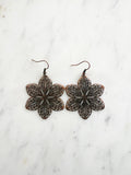 Antique Bronze Vintage Filigree Flower Earrings
Add a touch of whimsy with our Vintage Filigree Earrings. These lightweight beauties feature intricate filigree designs for a boho vibe. Perfect for a playful and carefree look.
Lightweight brass metal stampings with an antique rose gold patina.
60mm from the top of the ear hook x 43mm