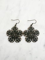 Antique Bronze Vintage Filigree Boho Flower Earrings
Add a touch of whimsy with our Vintage Filigree Earrings. These lightweight beauties feature intricate filigree designs for a boho vibe. Perfect for a playful and carefree look.
Lightweight brass metal stampings with an antique bronze patina.
53mm from the top of the ear hook x 33mm