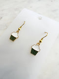 Kawaii Cupcake-shaped earrings on a white card with a marble background