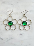 Vintage silver plated flower earrings with green cabochon centre, large open-loop floral design, hypoallergenic hooks, 6.5 cm long and 5 cm wide, retro Flower Power style