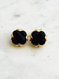 Vintage Gold Plated Black Porcelain Clip-On Earrings
