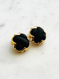 Vintage Gold Plated Black Porcelain Clip-On Earrings