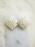 Vintage White Iridescent Diamond Shaped Statement Earrings | Geometric Textured Stud Earrings
