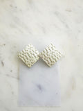 Vintage White Iridescent Diamond Shaped Statement Earrings | Geometric Textured Stud Earrings