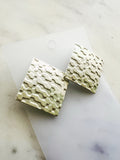 Vintage White Iridescent Diamond Shaped Statement Earrings | Geometric Textured Stud Earrings