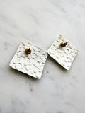 Vintage White Iridescent Diamond Shaped Statement Earrings | Geometric Textured Stud Earrings
