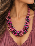 Vintage Wooden Bead Statement Necklace | Pink, Magenta & Charcoal