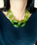 Close-up of a model wearing a frosted green acrylic chunky chain necklace with large twisted translucent links, styled at the collarbone over a dark knit top.