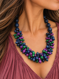 Vintage Wooden Bead Statement Necklace | Navy, Green and Purple