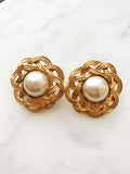 Basket Weave Dome Pearl Clip on Earrings