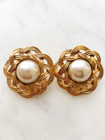 Basket Weave Dome Pearl Clip on Earrings