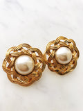 Basket Weave Dome Pearl Clip on Earrings