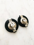 Retro Black & Silver Bakelite Crystal Disc Earrings