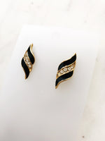 Vintage Black & Gold Enamel Crystal Earrings