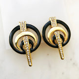 Vintage Art Deco Black Enamel Crystal Clip on Earrings