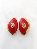 Red Enamel Crystal Clip On Earrings