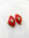 Red Enamel Crystal Clip On Earrings