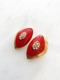 Red Enamel Crystal Clip On Earrings