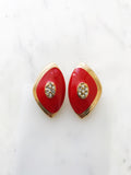 Red Enamel Crystal Clip On Earrings