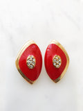 Red Enamel Crystal Clip On Earrings