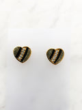 Retro Black and Gold Enamel Crystal Heart Earrings