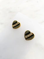 Retro Black and Gold Enamel Crystal Heart Earrings