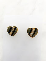 Retro Black and Gold Enamel Crystal Heart Earrings