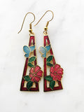 Vintage Cloisonne Red Triangle Flower Earrings