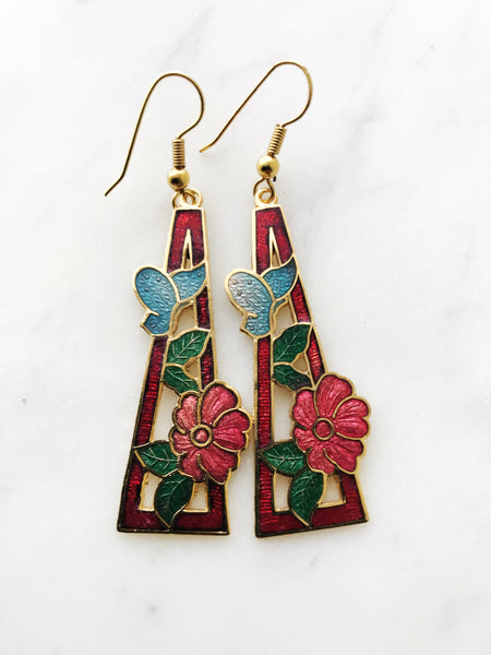 Vintage Cloisonne Red Triangle Flower Earrings