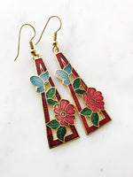 Vintage Cloisonne Red Triangle Flower Earrings