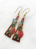 Vintage Cloisonne Red Triangle Flower Earrings