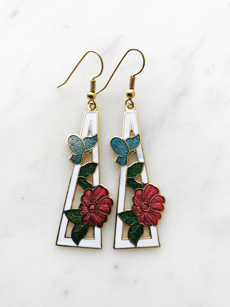 Cloisonne White Triangle Frame  Flower Earrings