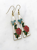 Cloisonne White Triangle Frame  Flower Earrings