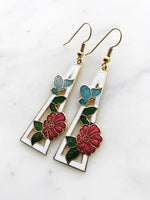 Cloisonne White Triangle Frame  Flower Earrings