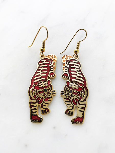 Vintage Cloisonne Red Tiger Earrings